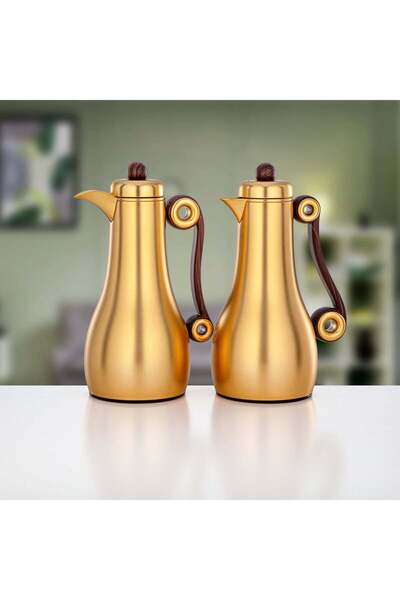 Almarjan 2 Pieces Vacuum Flask Set, Matt Gold & Dark Wood