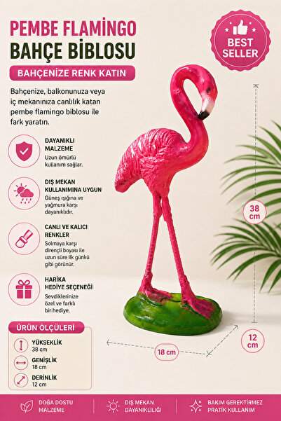 Genel Markalar Pembe Flamingo Bahçe Biblosu 38 cm – Dekoratif Flamingo Figürü...