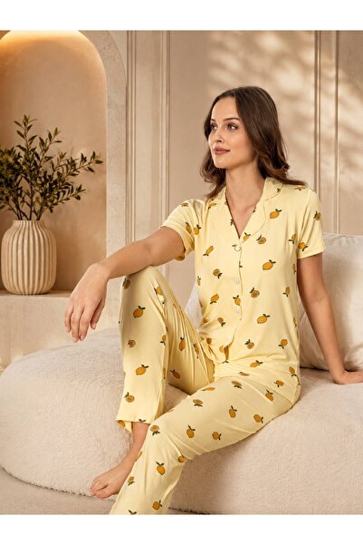 Sarı Limon Desenli Milan Kumaş Önden Düğmeli Pijama Takımı