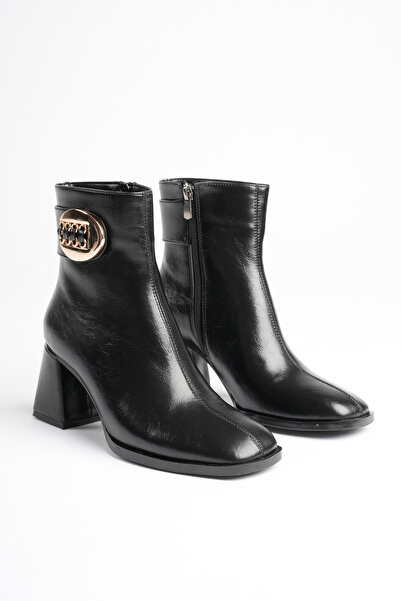 Griffa Shoes Women's Gold Buckle Detailed Thick Heeled Black Boots & Booties