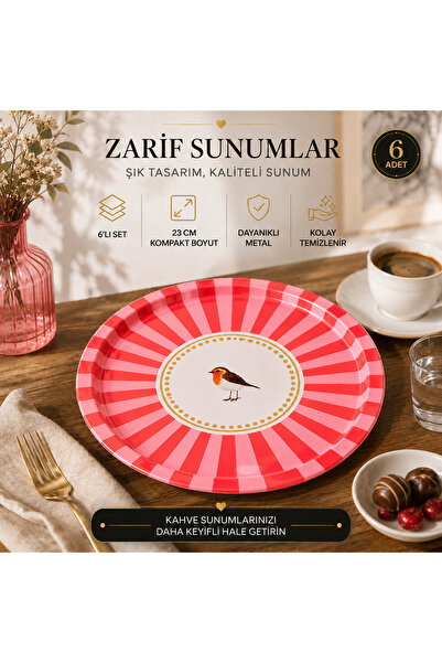 Le Paon 6’lı Metal Sunum Tepsisi 23 cm Yuvarlak Pembe Kırmızı Desenli Çay Kah...