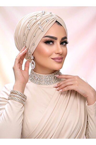 Moda Nurhan Krem Önü Taşlı Drapeli Bone