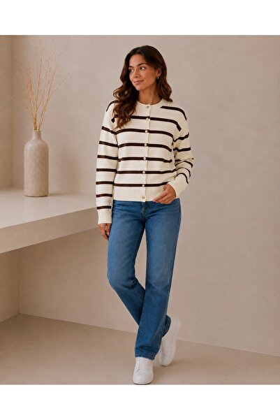CuteLovesa Crew Neck Gold Button Detailed Striped Trendy Basic Women's Knitte...