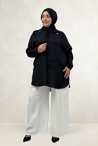 Eslina 68089 Plus Size Pearl Embellished Double Tensel Tunic - Black