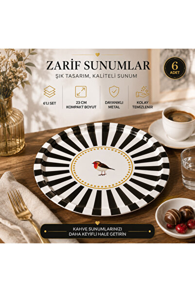 Le Paon 6’lı Metal Sunum Tepsisi 23 cm Yuvarlak Siyah Beyaz Desenli Çay Kahve...