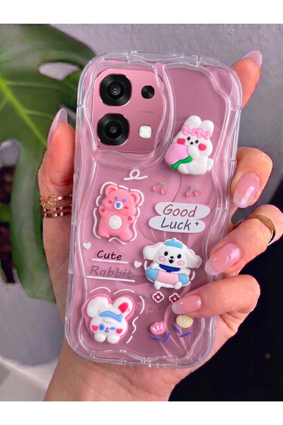 Rivor Oppo A6 Pro Uyumlu Kılıf 3D Sevimli Tavşan ve Ayıcık Figürlü Kabartmalı...