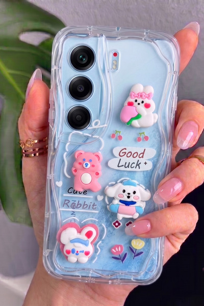 Rivor Tecno Camon 40 Uyumlu Kılıf 3D Sevimli Tavşan ve Ayıcık Figürlü Kabartmalı Dalgalı Wavy Şeffaf Kapak