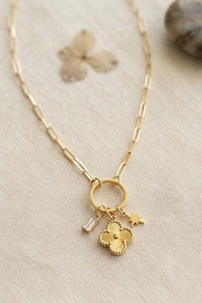 Inure Jewelry Gold Color Paperclip Chain Clover Model Women's Necklace