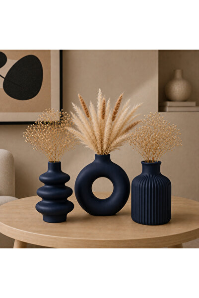 Family Studio 3’lü İskandinav Tarzı Dekoratif Vazo Seti – Modern Bohem Pampas...