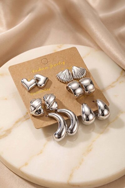 Inure Jewelry Metallic Finish Silver Color Ccb 6 Pairs Women's Earring Set