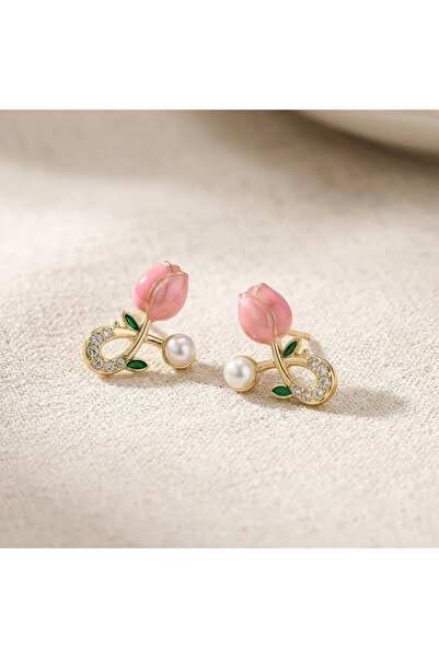 Glamluxe Gold Color Sparkling Stone Pink Tulip and Pearl Detailed Women's Stu...