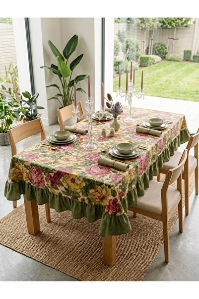 Angels' Collection Floral Khaki Ruffled Tablecloth - Water Repellent Feature
