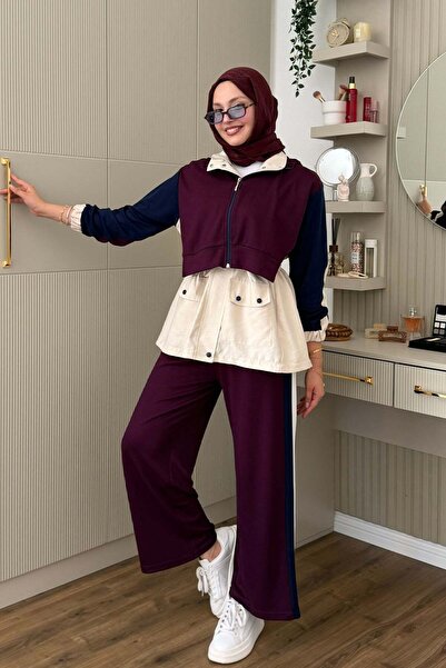 Modaensarbutik Tencel Kumaş Pantolonlu Üçlü Tesettür Takım-VİŞNE RENGİ