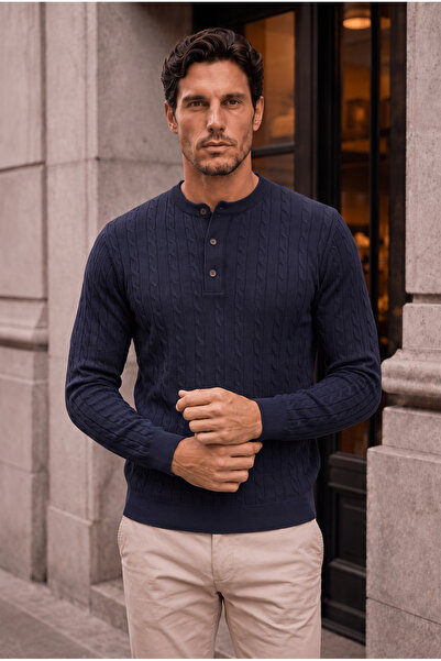 Valiberta Bergamo 100% Acrylic Henley Collar Hair Braided Thin Men's Knitwear...