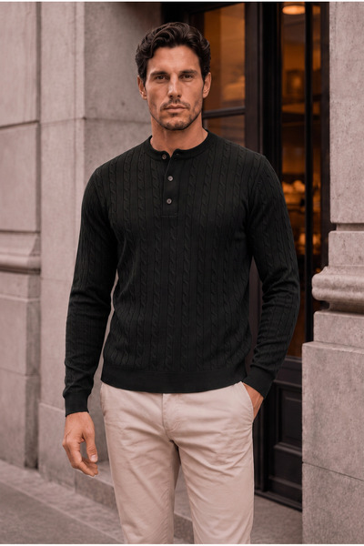 Valiberta Bergamo 100% Acrylic Henley Collar Hair Braided Thin Men's Knitwear...
