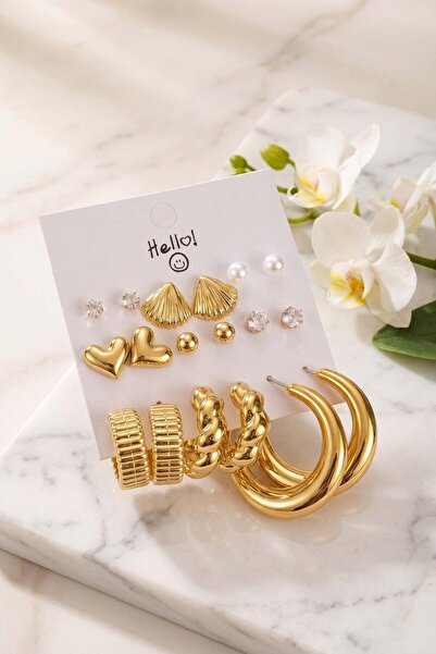 Inure Jewelry Gold Color Metallic Coated Seashell Detailed Ccb 9 Pair Earring...