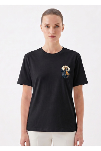 Kedi Baskılı Unisex Loose Fit Bisiklet Yaka Viskon Siyah Tişört