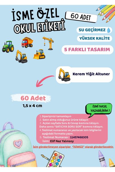 VORACRAFT İsme Özel Okul Etiketi Traktör 60 Adet Yüksek Kalite Su Geçirmez İs...