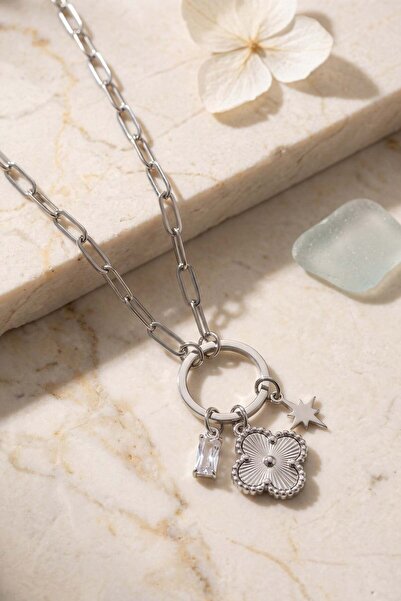 Inure Jewelry Silver Color Paperclip Chain Clover Model Women's Necklace