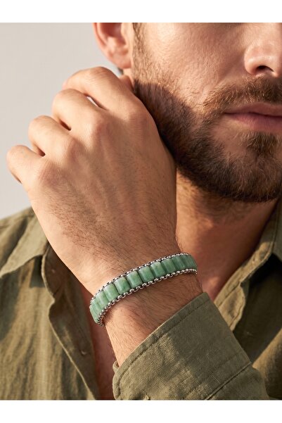 Parmas Design Men's Natural Stone Steel Bracelet with Green Aventurine Wicker...