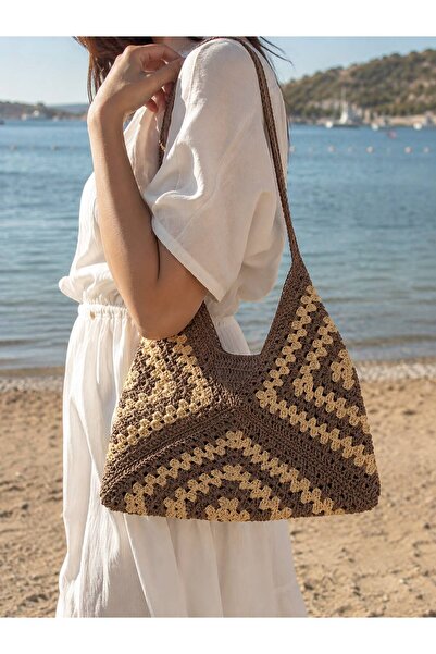 Mervişim Aksesuar Mink-Brown Two Color Handmade Paper String Knitted Daily St...