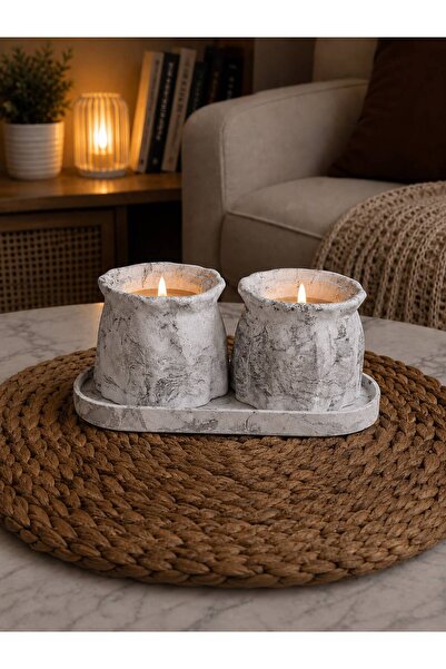 Mermer Görünümlü 3'lü Mum Set (MUM DAHİLDİR.)