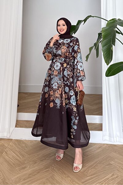 Rimel Moda Luna Çiçekli Elbise Kahverengi