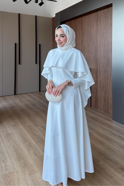 Rimel Moda Riva Pelerin Taş Detaylı Elbise Ekru