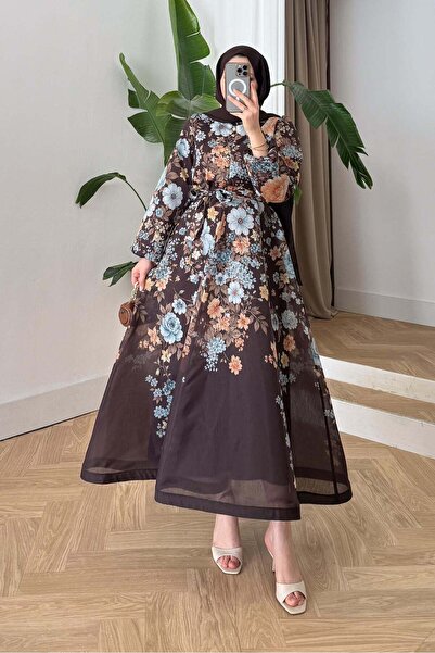Rimel Moda Luna Çiçekli Elbise Kahverengi