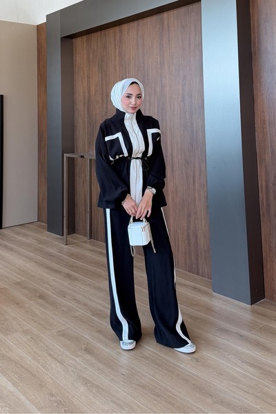 Rimel Moda Şeritli Takım Siyah