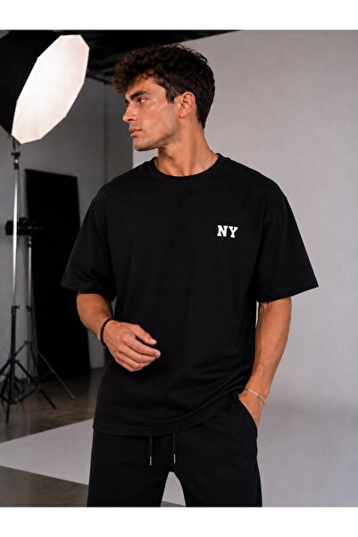 khufu Black Crew Neck Oversize Fit Cotton T-Shirt with Ny Print Detail and Re...