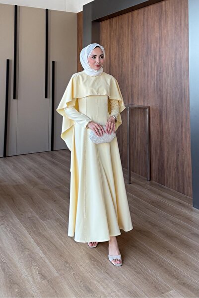 Rimel Moda Riva Pelerin Taş Detaylı Elbise Sarı