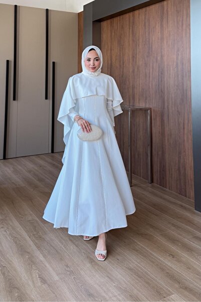 Rimel Moda Riva Pelerin Taş Detaylı Elbise Ekru