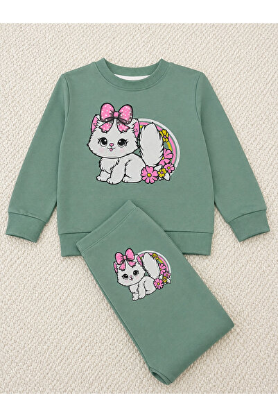 Yeşil renk pembe kedi desenli kız alt üst takım