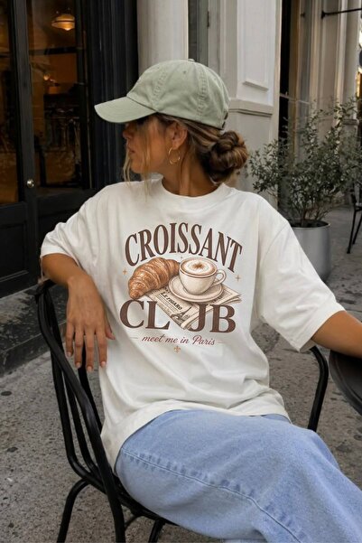 LELVANİ Women's Croissant Club Meet Me in Paris Text Printed T-Shirt