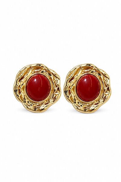 Jack Ferrero Yellow Tone Wavy Framed Red Stone Women's Bijouterie Earrings