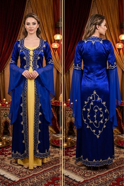 JABO WEDDİNG HOUSE KAFTAN SATEN SAKS GOLD NAKIŞ İŞLEMELİ TAKIM KAFTAN 36-38 Ç...