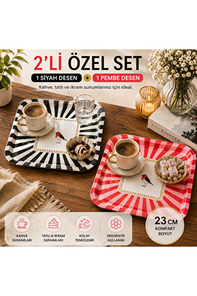 Le Paon 2'li Set 23 cm Kare Metal Sunum Tepsisi - Kuş Desenli Siyah ve Pembe ...