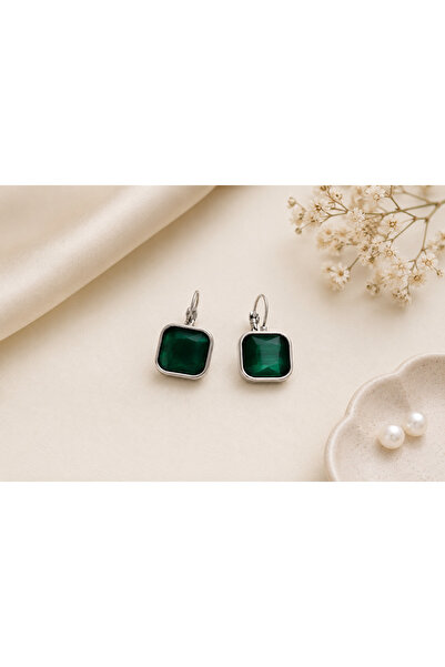 Archhazel Jewelery Green Stone Square Dangle Silver Steel Earrings