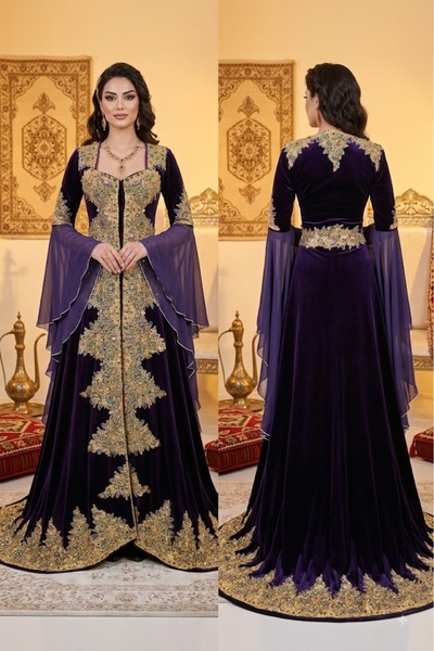 JABO WEDDİNG HOUSE KAFTAN TEK ÜST KAFTAN KADİFE MOR GOLD TAŞ İŞLEMELİ 36-38 B...