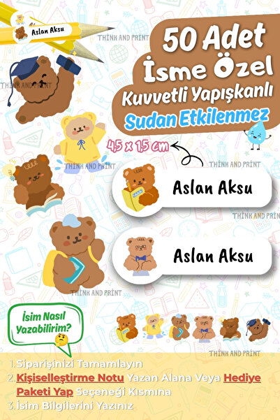 Think And Print Okul Etiketi Kalem Defter isimli Etiket Isim Yazılabilen Sevi...