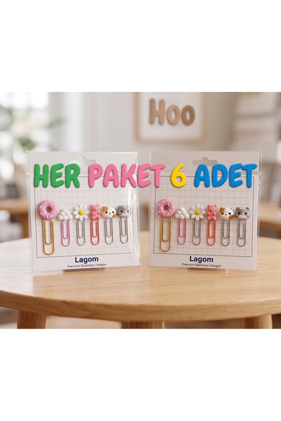 Lagom 6'lı Sevimli Figürlü Ataş & Kitap Ayracı Seti – Donut, Kedi, Ayıcık, Pa...
