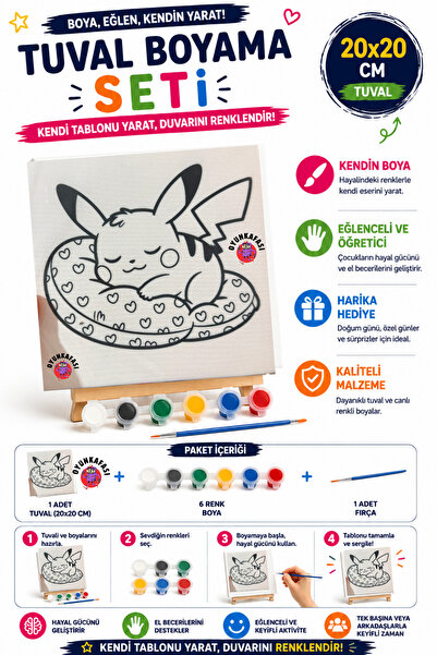 OYUNKAFASI Pikachu Desenli Tuval Boyama Seti 20x20 cm – Çocuk Boyama Seti 6 R...