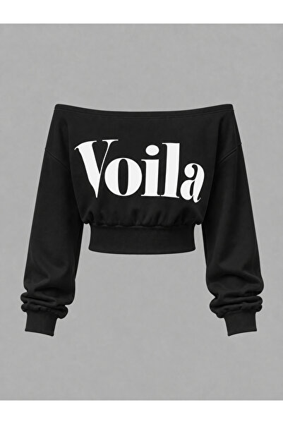 Richarlison Hanorac crop oversize pentru femei, negru, cu imprimeu Voila, cu ...