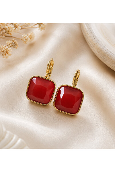 Archhazel Jewelery Red Stone Square Dangle Gold Earrings