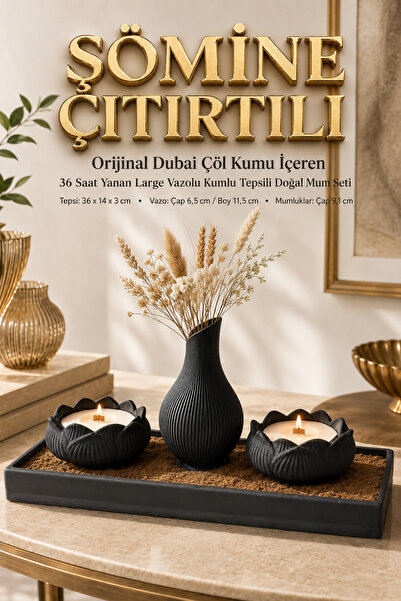 Madetoll Siyah Tepsili Vazolu Dubai Çöl Kumlu Lotus Dekoratif Mumluk Seti Lar...