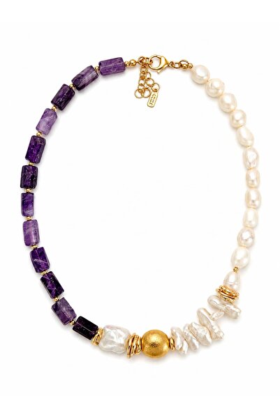 CHARMLUCKY Natural Pearl-Amethyst Stone Necklace