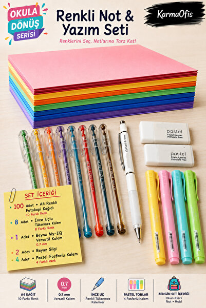 KarmaOfis Back to School Colorful Stationery Set – 100 A4 Colored Papers, 8 C...