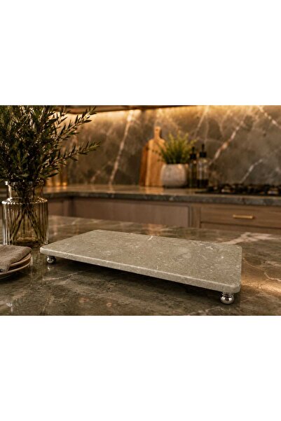 Zeybek Marble Natural Rustic Marble Presentation Plate with Gold and Silver L...