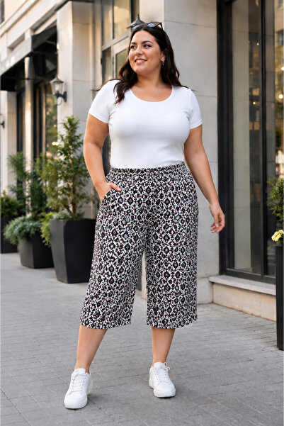 SOSYETE AVM Women's Curve Plus Size Elastic Waist Patterned Loose Cut Shorts ...